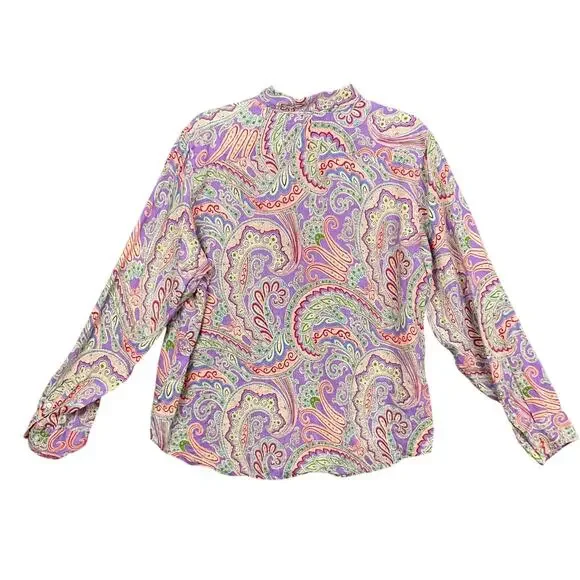 LAUREN RALPH LAUREN Shirt Top Linen Paisley Print Art ColorButton Up Down XL - Picture 3 of 12